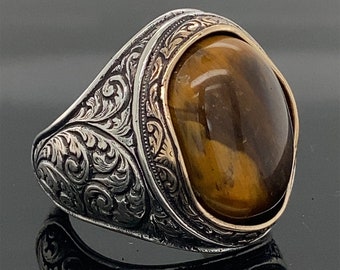 Anello Uomo In Argento 925 Con Occhio Di Tigre Naturale 6 Carati – Gioiello Artigianale Indiano, Pietra Preziosa Marrone