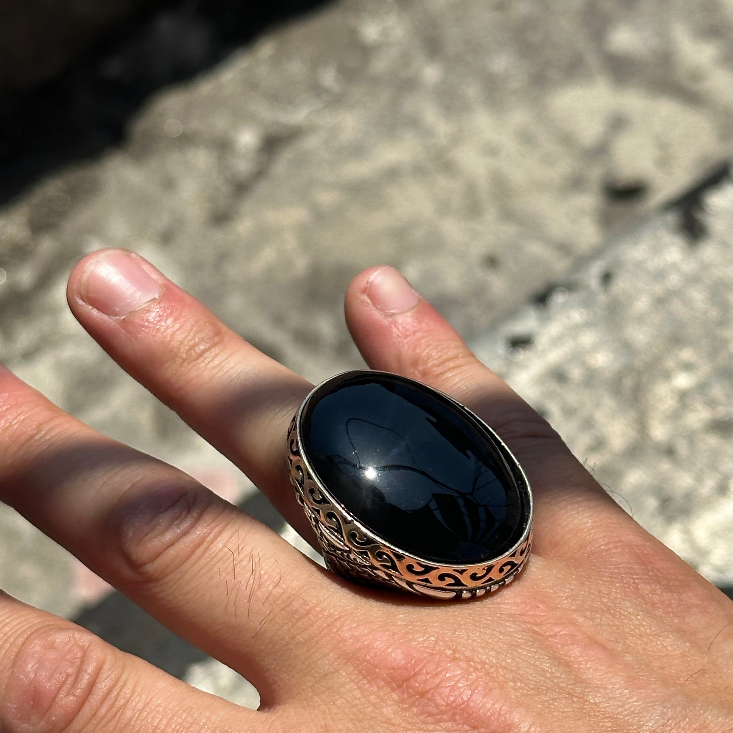 Mens Large Gemstone Onyx Ring, Natural Black Onyx Gemstone Ring