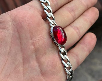 Men Silver Ruby Handmade Chain Bracelet, Oval Ruby Gem Chain Bracelet, Mens Ruby Link Chain Men Bracelet, Silver Vintage Bracelet