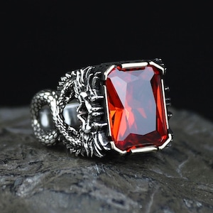 925 Silver Garnet Dragon Ring, Gothic Silver Dragon Ring, Ruby Red Unique Ring, 925k Sterling Silver , Gift For Him