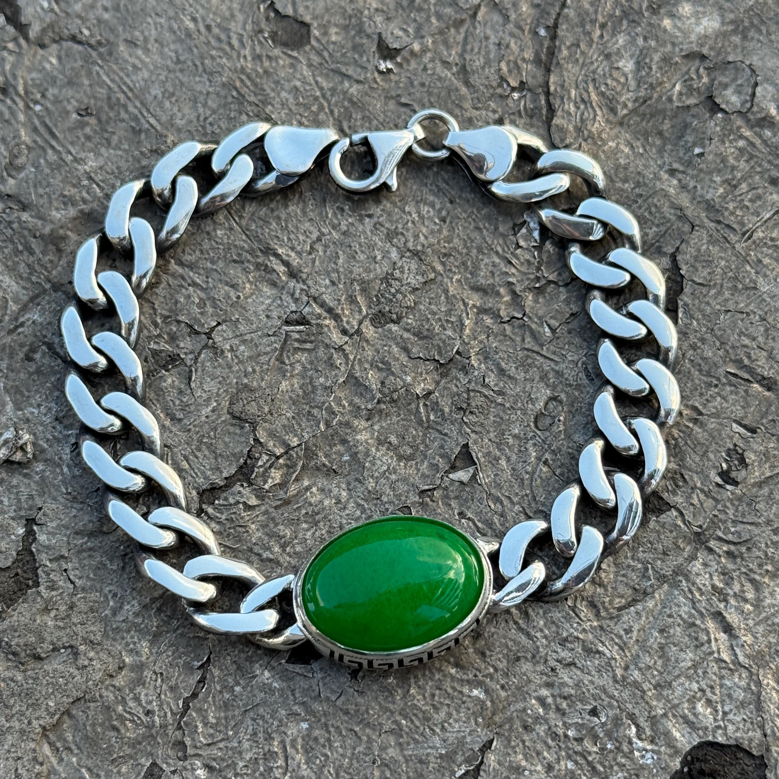 Silver Curb Chain Bracelet, Jade Gemstone Chain Bracelet, 10mm