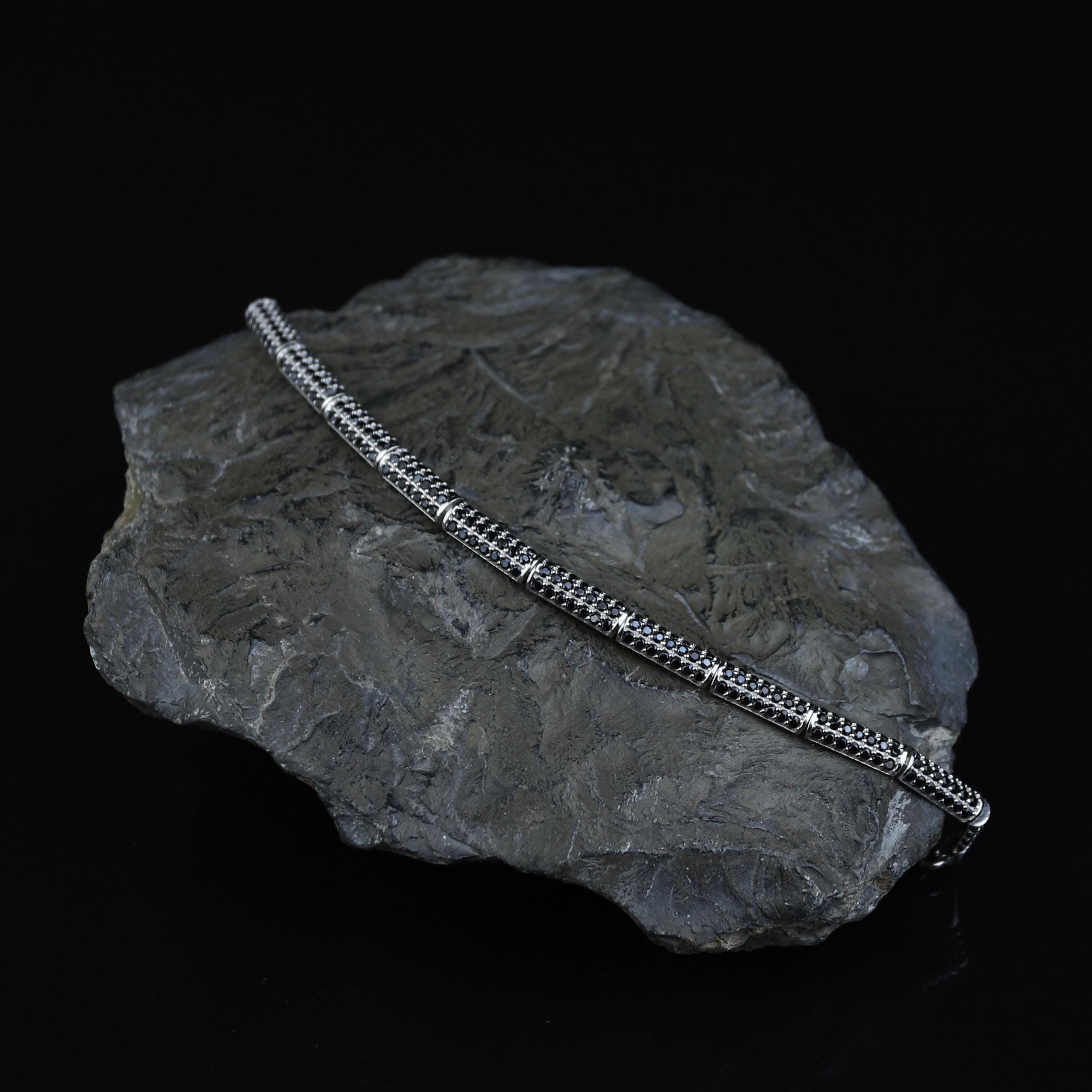 Men Silver Black Diamond Link Bracelet, Elegant Black Diamond