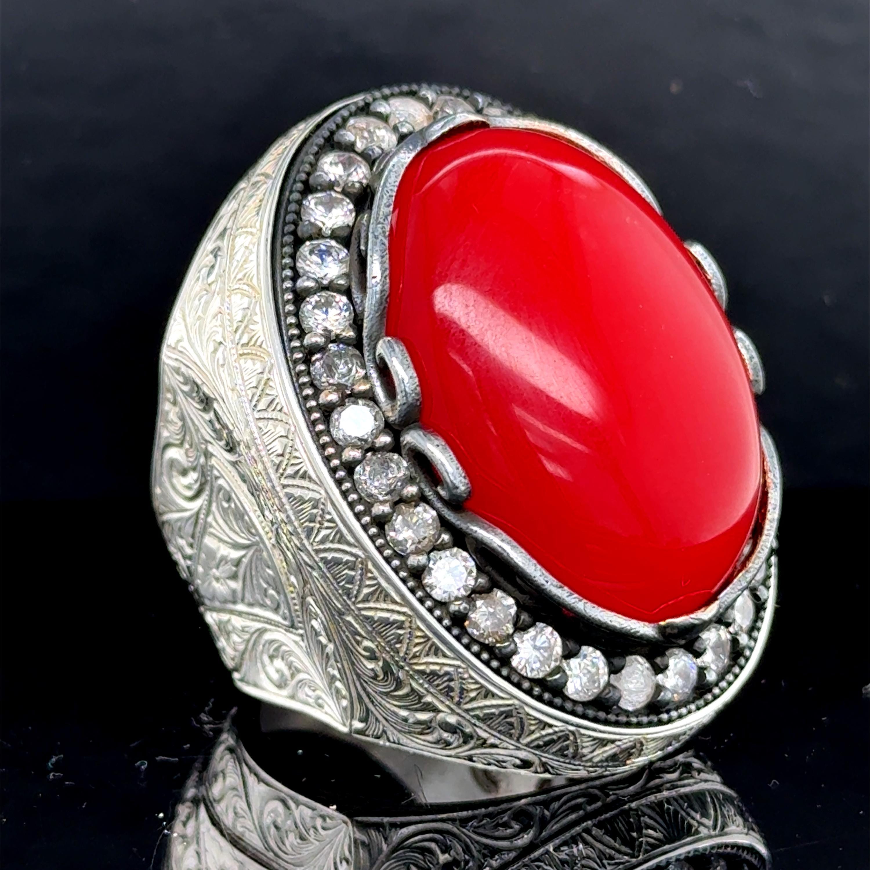 Indian Jewelry カラーストーンシルバーリング 赤 レッド Men Silver Jade Stone Ring, Large Red Jade Ring, Ottoman Style