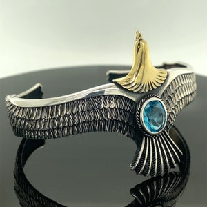 Silver Eagle Bracelet , Aquamarine Stone Bracelet ,Wildlife Eagle Bracelet ,  Unisex Eagle Bracelet , 925k Sterling Silver Bracelet