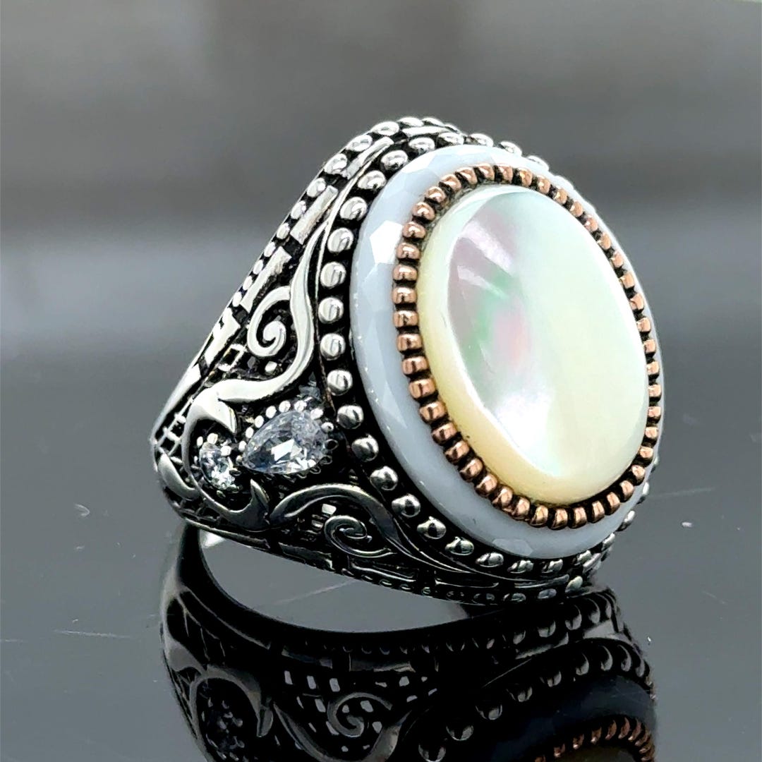 Men Silver Mother of Pearl Signet Ring, Men Handmade Genuine Pearl