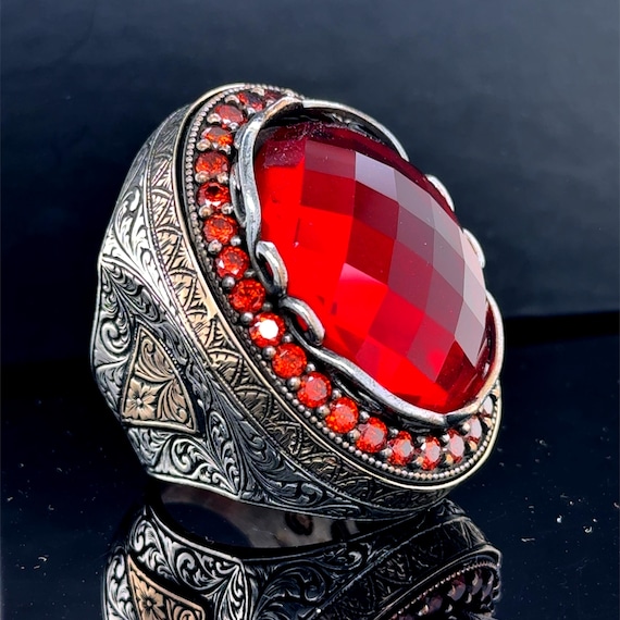 925 Sterling Silver Large Ruby Stone Ring, Garnet Gemstone Men