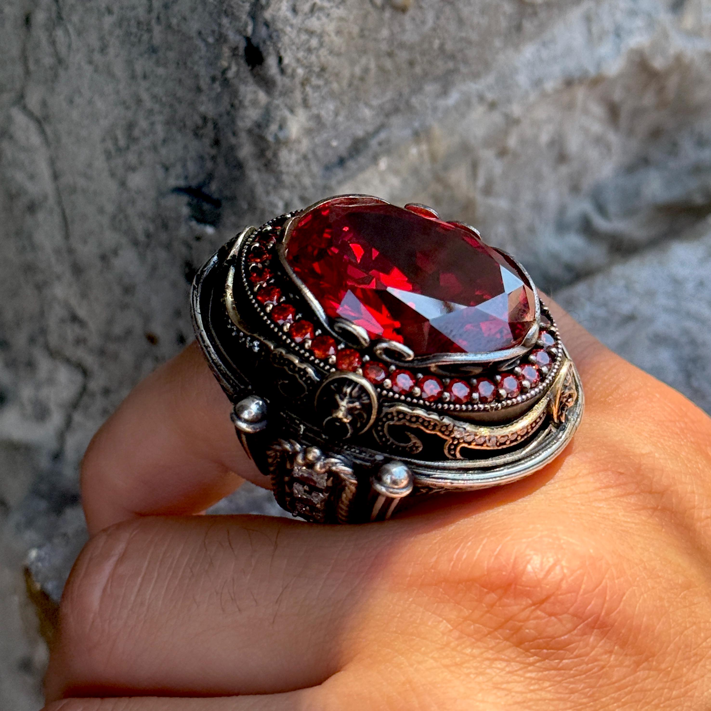 925k Silver Large Ruby Stone Ring, Leon Head With Sword Figured 