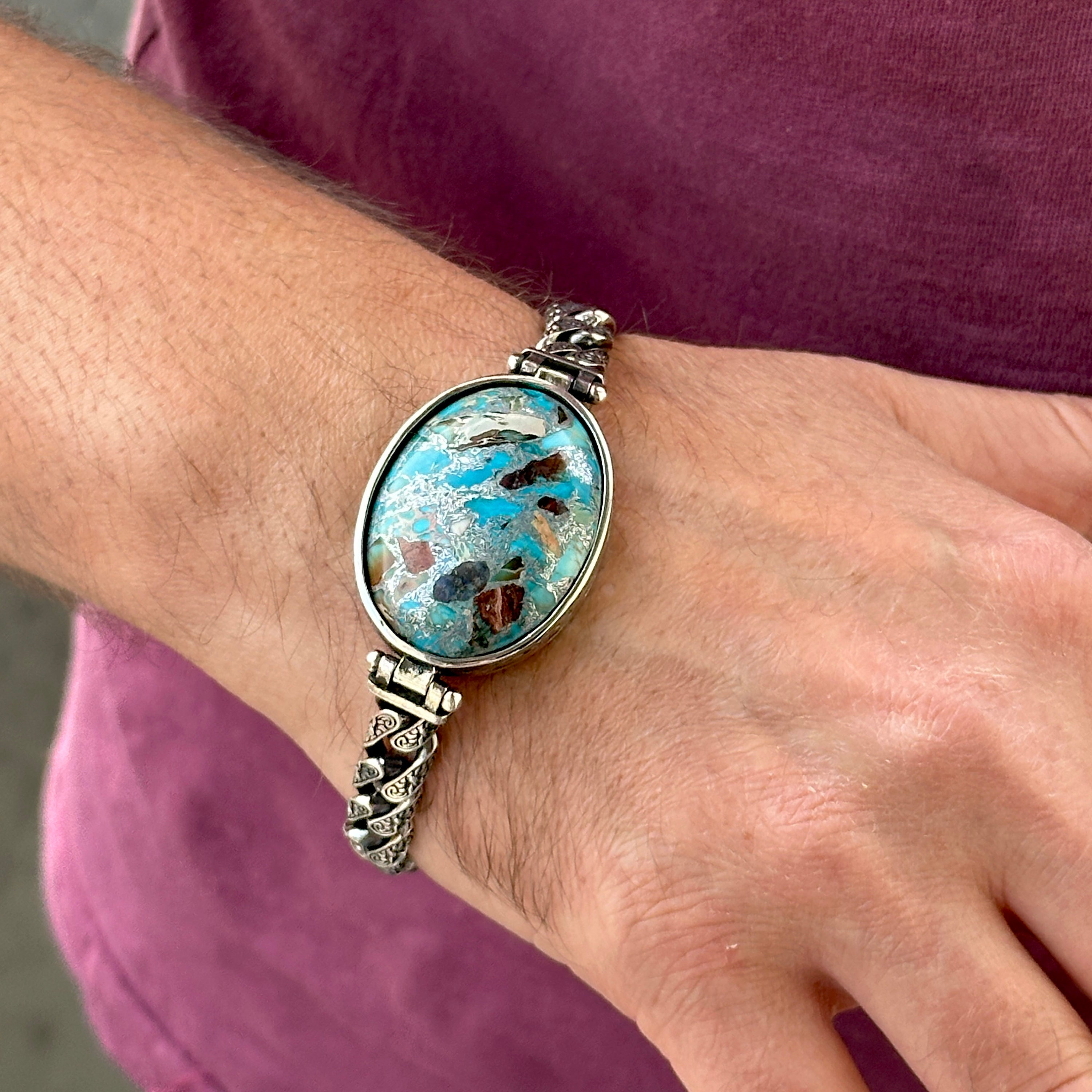 【本物】turquoise stone Silverブレスレット Silver Turquoise Chain Bracelet , Natural Turquoise Stone Bracelet