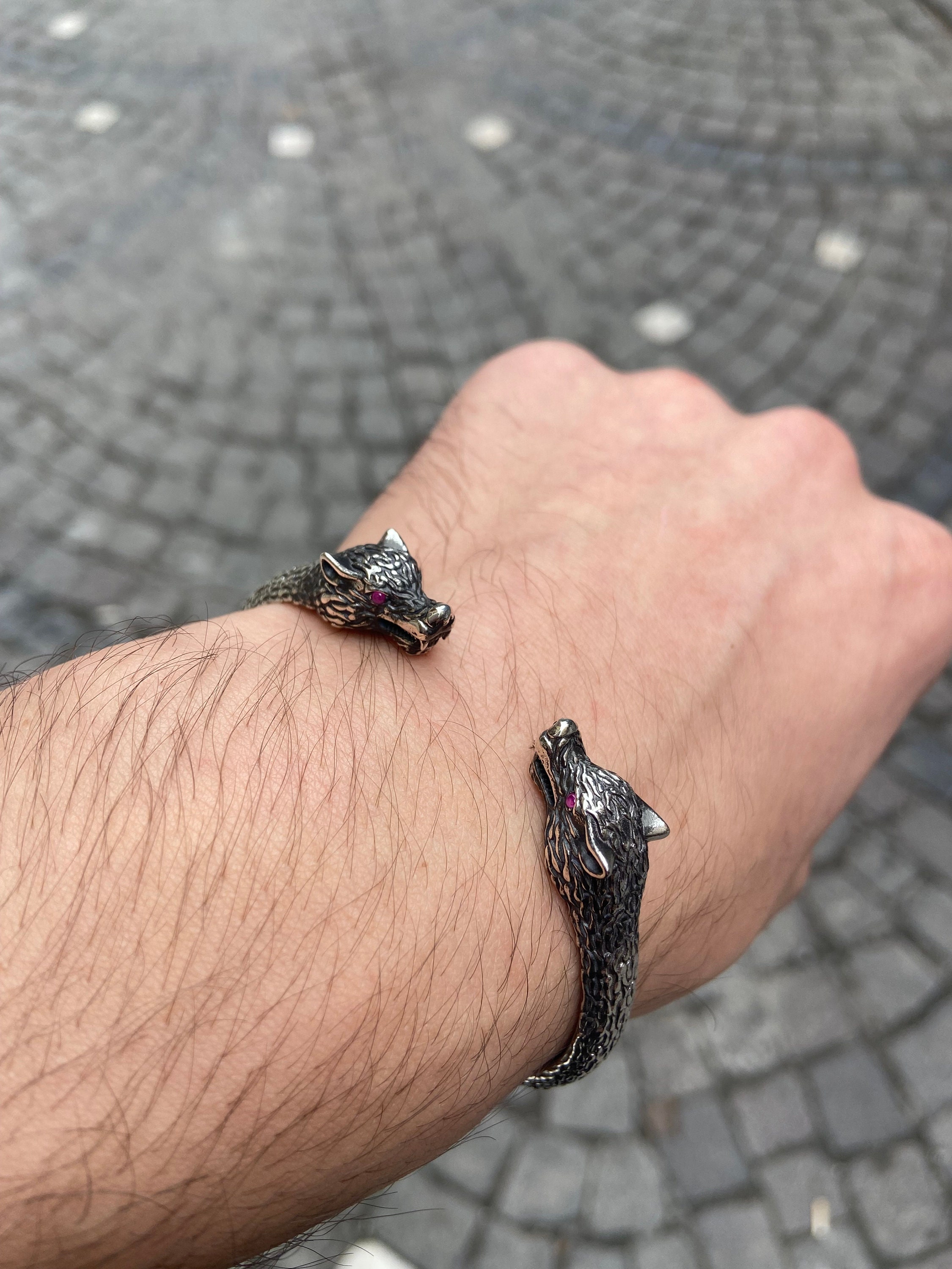 Men Sterling Silver Wolf Bracelet , Wolf Head Bracelet Men Sterling Silver Wolf Bracelet , Wolf Head Bracelet