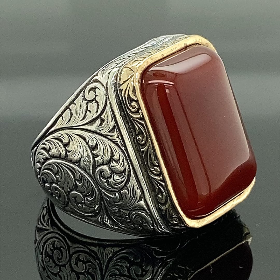 Men Handmade Ring, Red Agate Ring, Dark Aqeeq Gemstone Ring, Ottoman ...