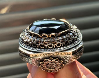 Men Silver Black Stone Ring, Large Black Diamond Ring, Turkish