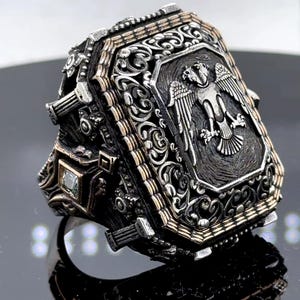 Men Silver Eagle Ring , Large Square Eagle Signet Ring, Ottoman Style Unique Men Ring, Father Day Gift, Gift For Men, 925k Sterling Silver