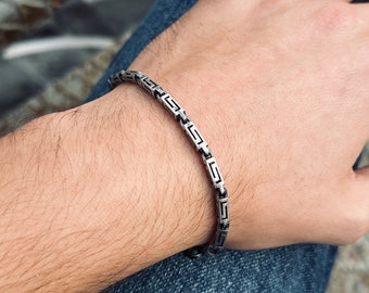 Silver Greek Chain Bracelet , Greek Style Jewelry , Handmade Engraved Chain Bracelet , 925k Sterling Silver Bracelet , Gift For Him