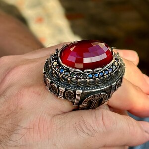 Men Silver Large Ruby Ring , Unique Ottoman Style Large Ring , Big Red ...