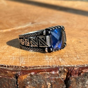 Men Blue Sapphire Stone Ring, Minimal Sapphire Stone Ring, Engraved Men ...