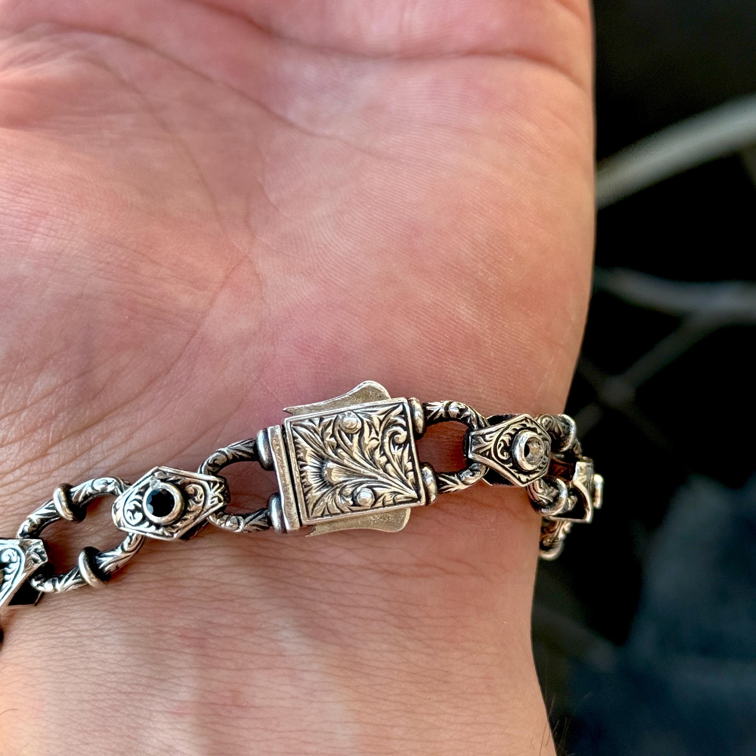 925シルバーオニキスストーンチェーンリンクブレスレット、手彫り