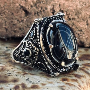 Men Silver Modern Ring , Ottoman Onyx Stone Ring ,Handmade Elegant Ring , Black Onyx Ring , 925k Sterling Silver Ring , Gift For Him