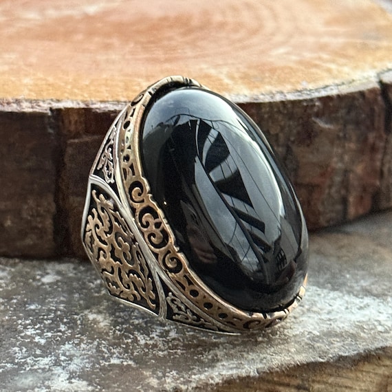 Silver Large Onyx Ring, Natural Large Black Onyx Ring , Men Big