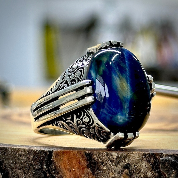PRY シュウト　Monolith Ring【BLUE TIGER EYE】 Blue Tiger Eye Men Silver Ring , Engraved Men Ring, Minimal Men