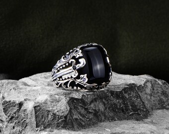 Silver Onyx Ring, Men Handmade Sword Black Onyx Ring, Onyx
