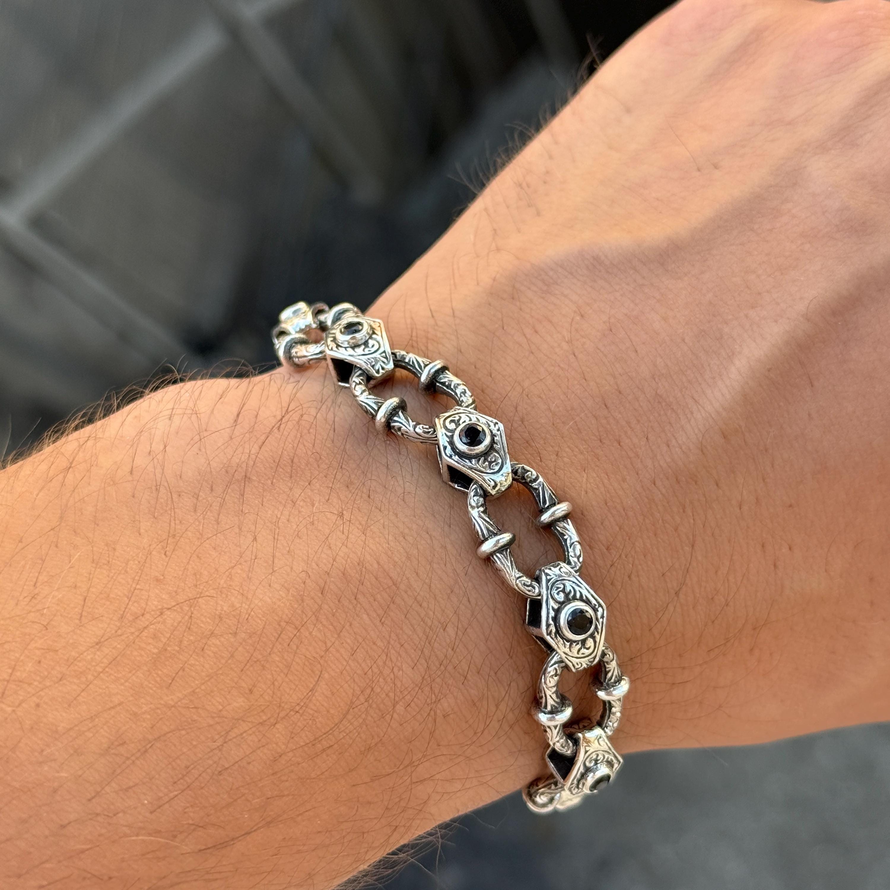 925シルバーオニキスストーンチェーンリンクブレスレット、手彫り