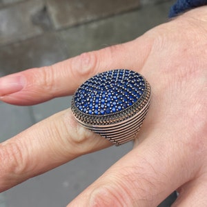 Large Blue Sapphire Gemstone Ring , Silver Mens Handmade Ring , Men Sterling Silver Ring , Ottoman Jewelry , Men Vintage Ring , Gift For Him