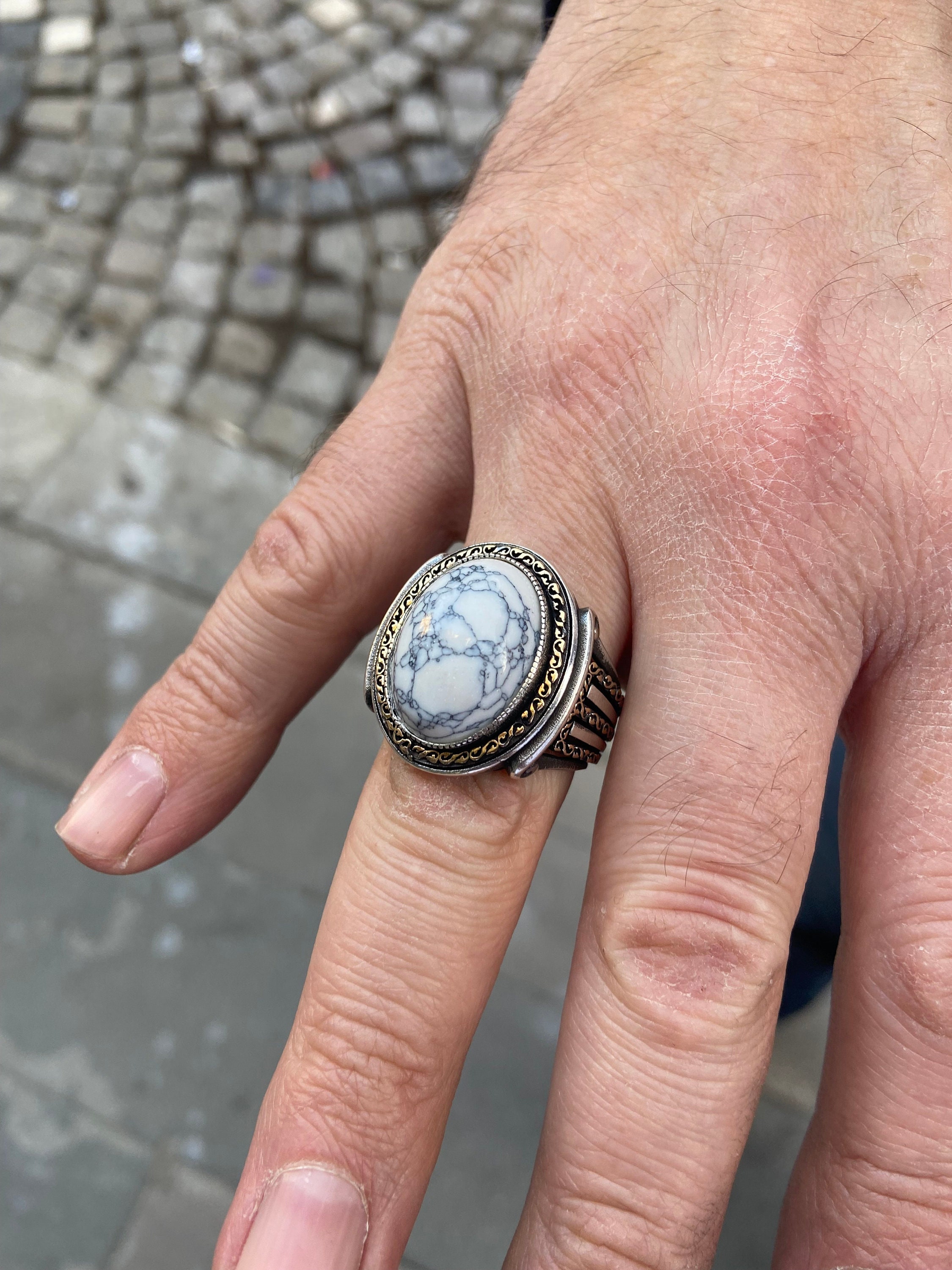 Men Handmade Ring , Natural Howlite Ring , White Turquoise Ring