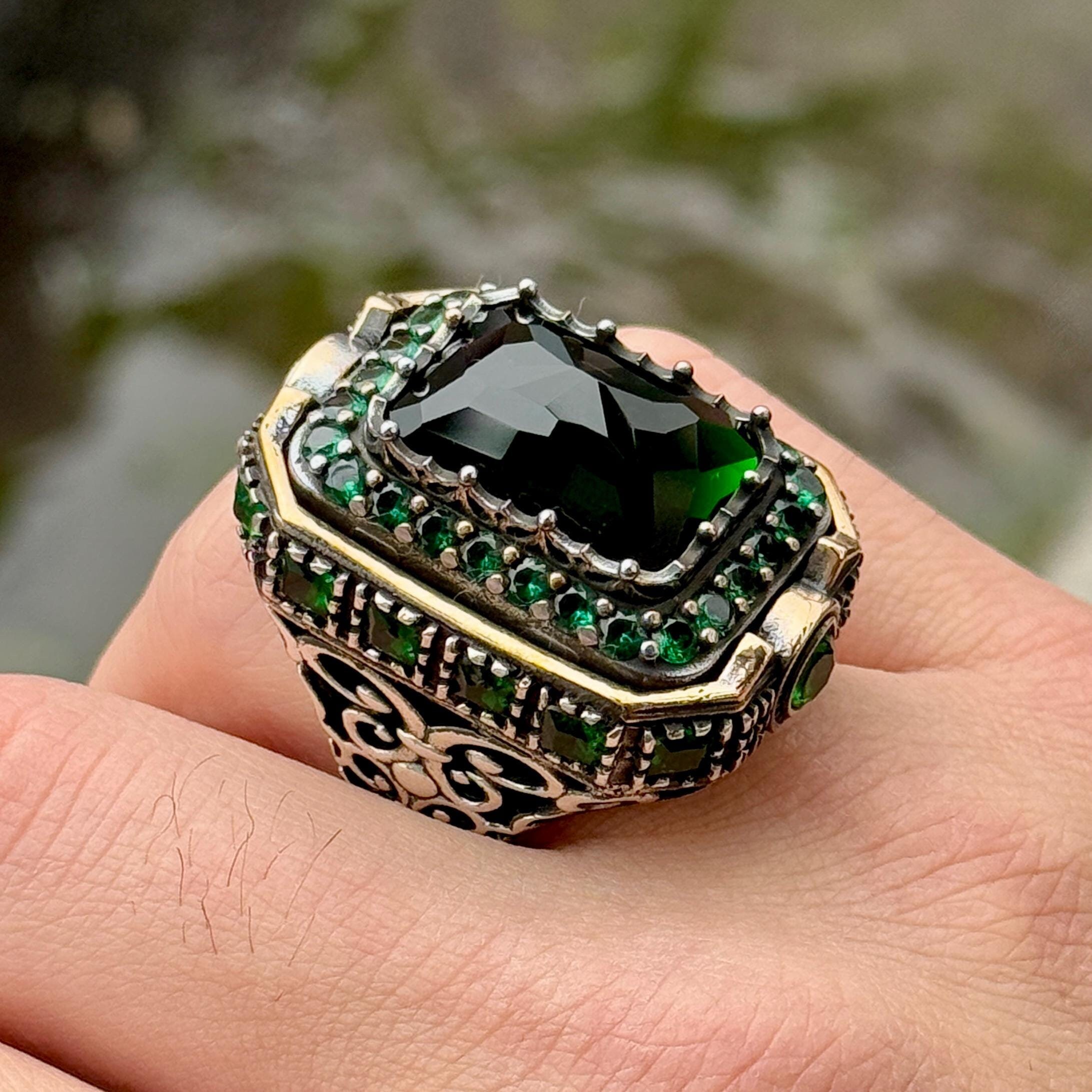 Anel grande de esmeralda de prata para homens, anel masculino de pedra verde, anel otomano vintage, presente para ele, anel de prata esterlina 925k, presente para homens