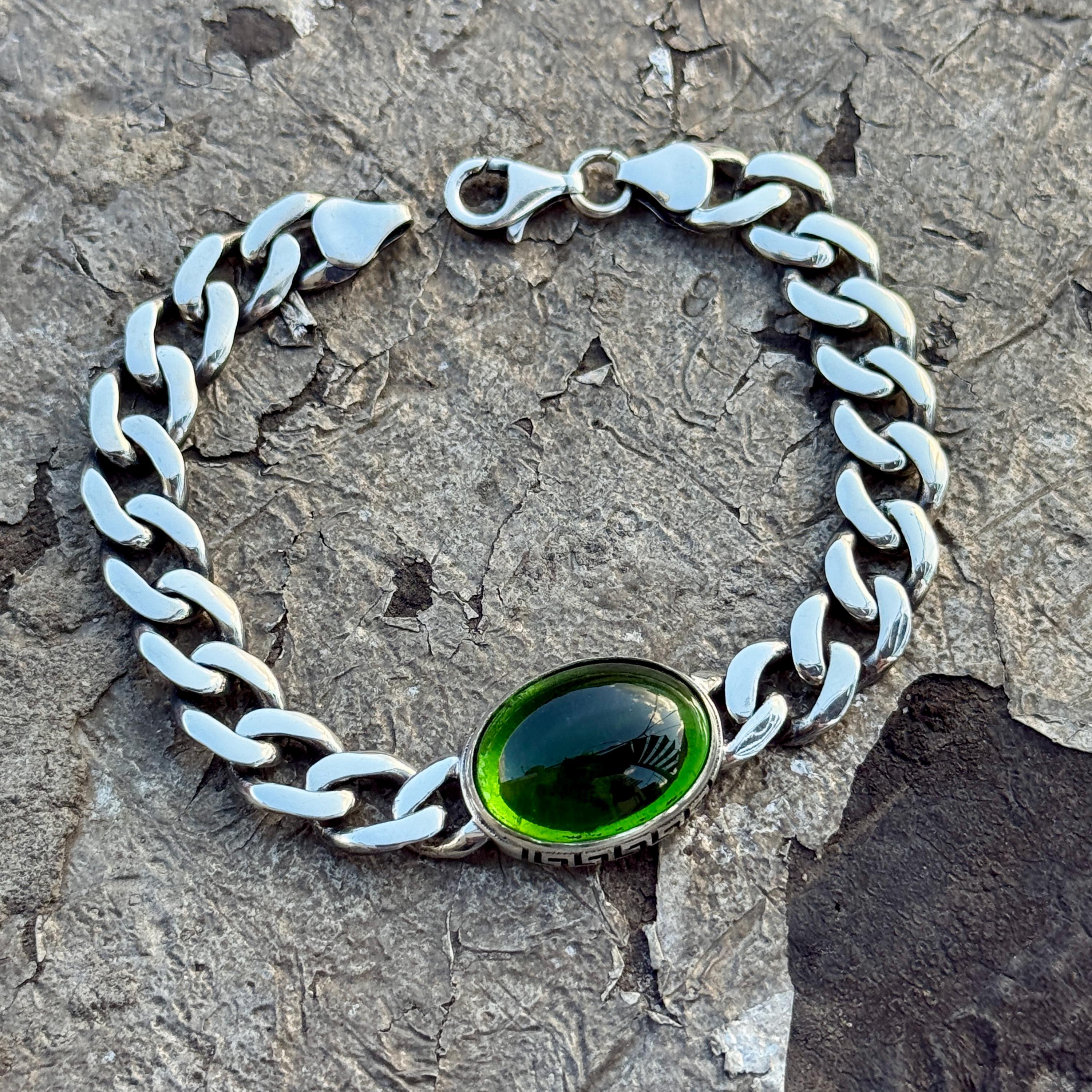 925 Silver Emerald Stone Chain Bracelet, Cuban Chain Bracelet