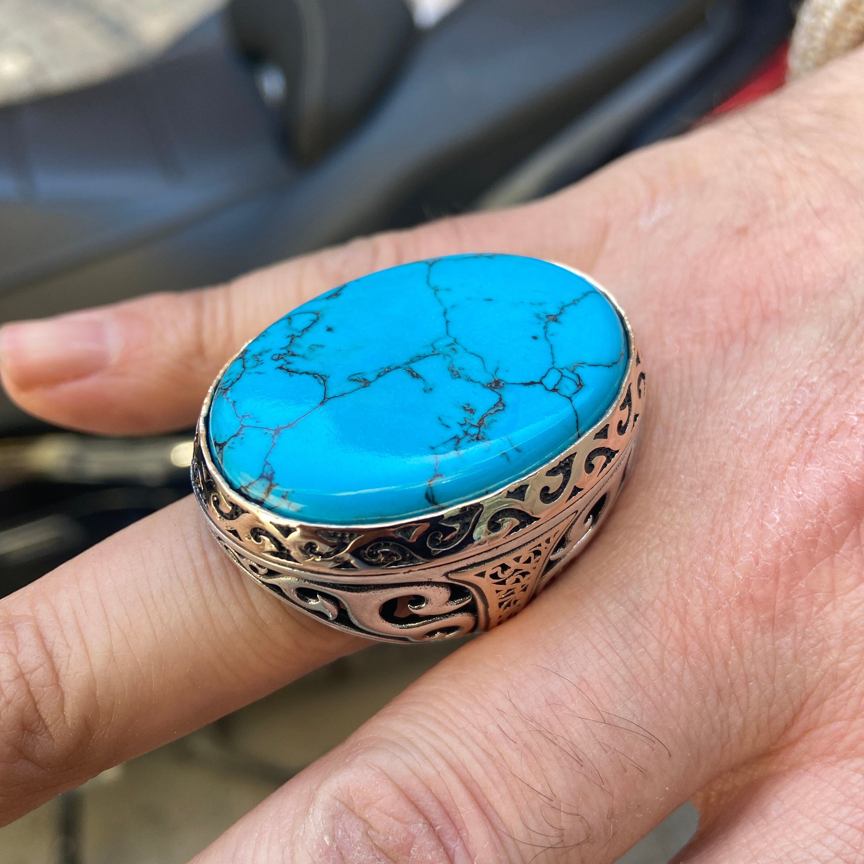 SILVER925 BIG TURQUOISE RING/シルバー/リング Silver Large Ring , Natural Stone Turquoise Ring , Turkish