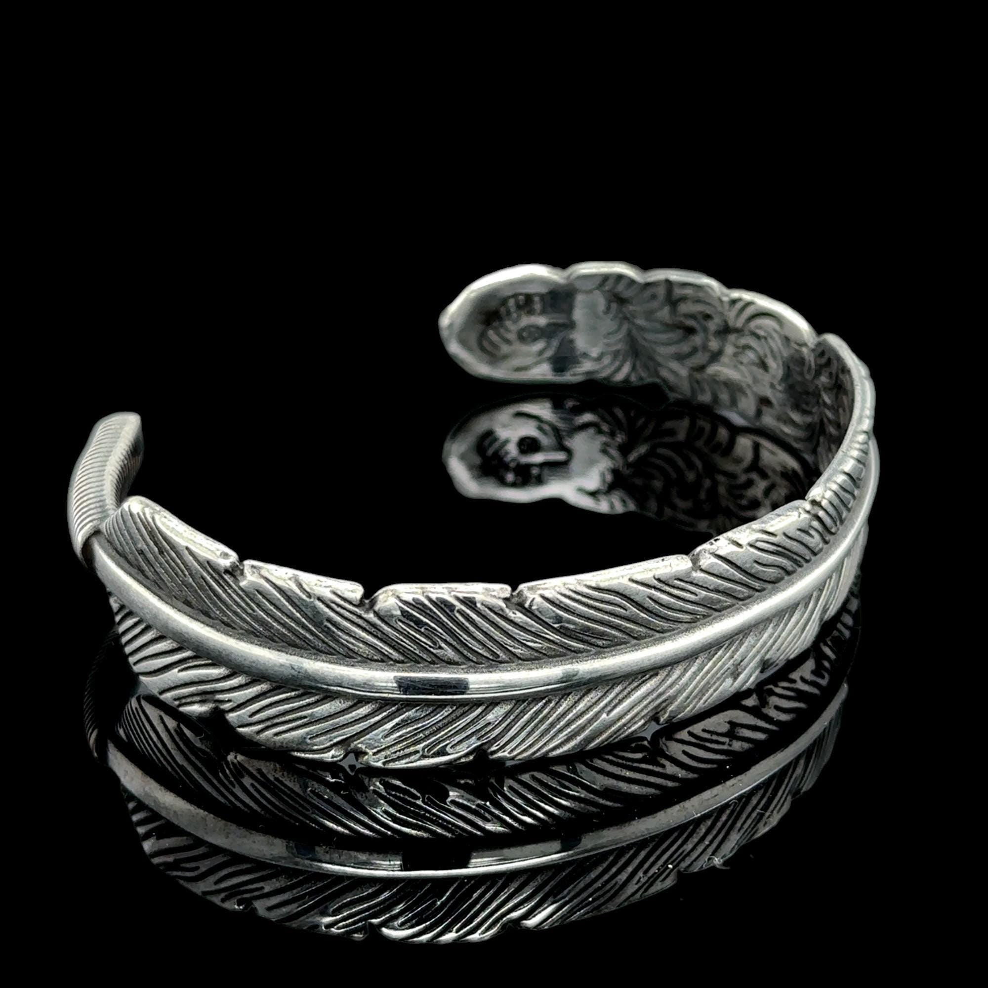 Silver Feather Bracelet, 925 Sterling Silver Adjustable Men 