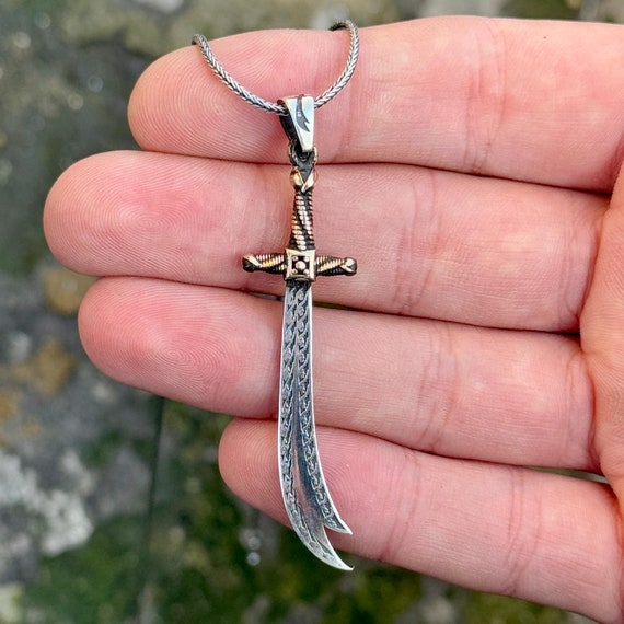 Men Silver Zulfiqar Necklace , Engraved Sword Necklace, Hz. Ali