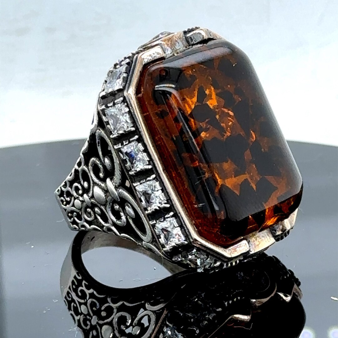 Men Large Natural Amber Stone Ring , Ottoman Style Men Ring, Baltic ...