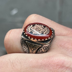 Seal of Solomon Ring , Natural Amber Stone Ring , Silver Solomon Seal Protection Ring , 925k Sterling Handmade Silver Ring , Gift For Him
