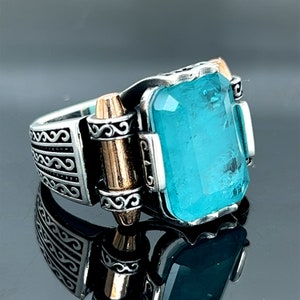 Man Silver Aquamarine Stone Ring , Natural Aquamarine  Stone Ring , Vintage Men Ring , Turkısh Ottoman Men Ring , 925k Sterling Silver Ring