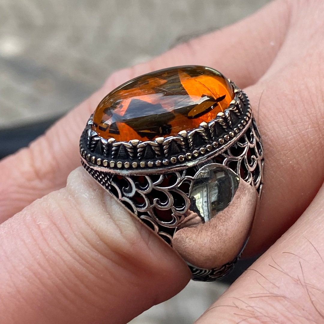 Men Silver Oval Handmade Amber Stone, Handmade Men Ring, Ottoman