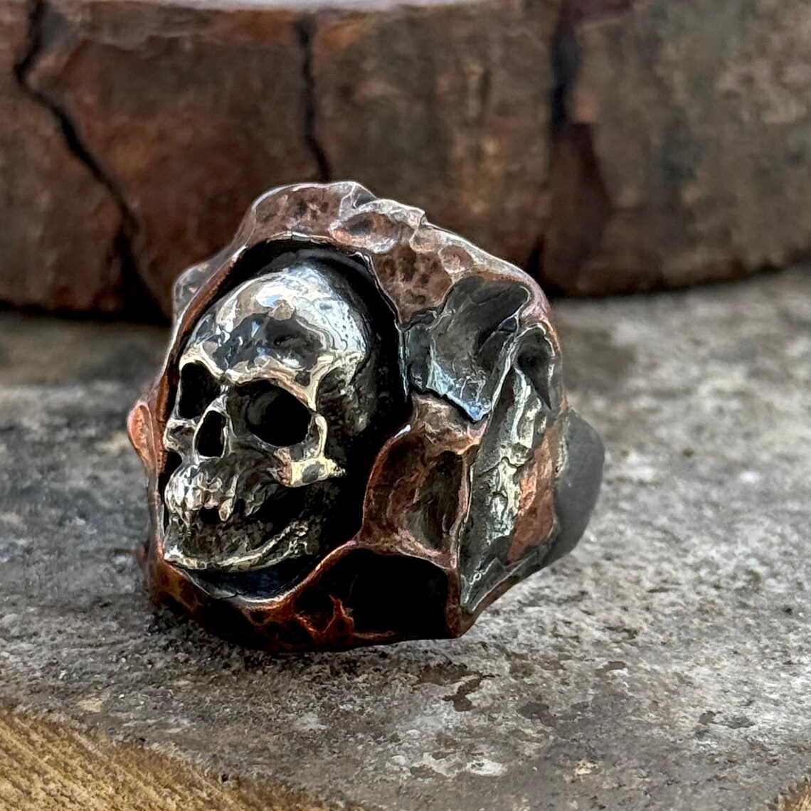 Skull Rings Silver Gothic Skull Ring, Hammered Anatomic Skull Biker Ring, Gothic ...
