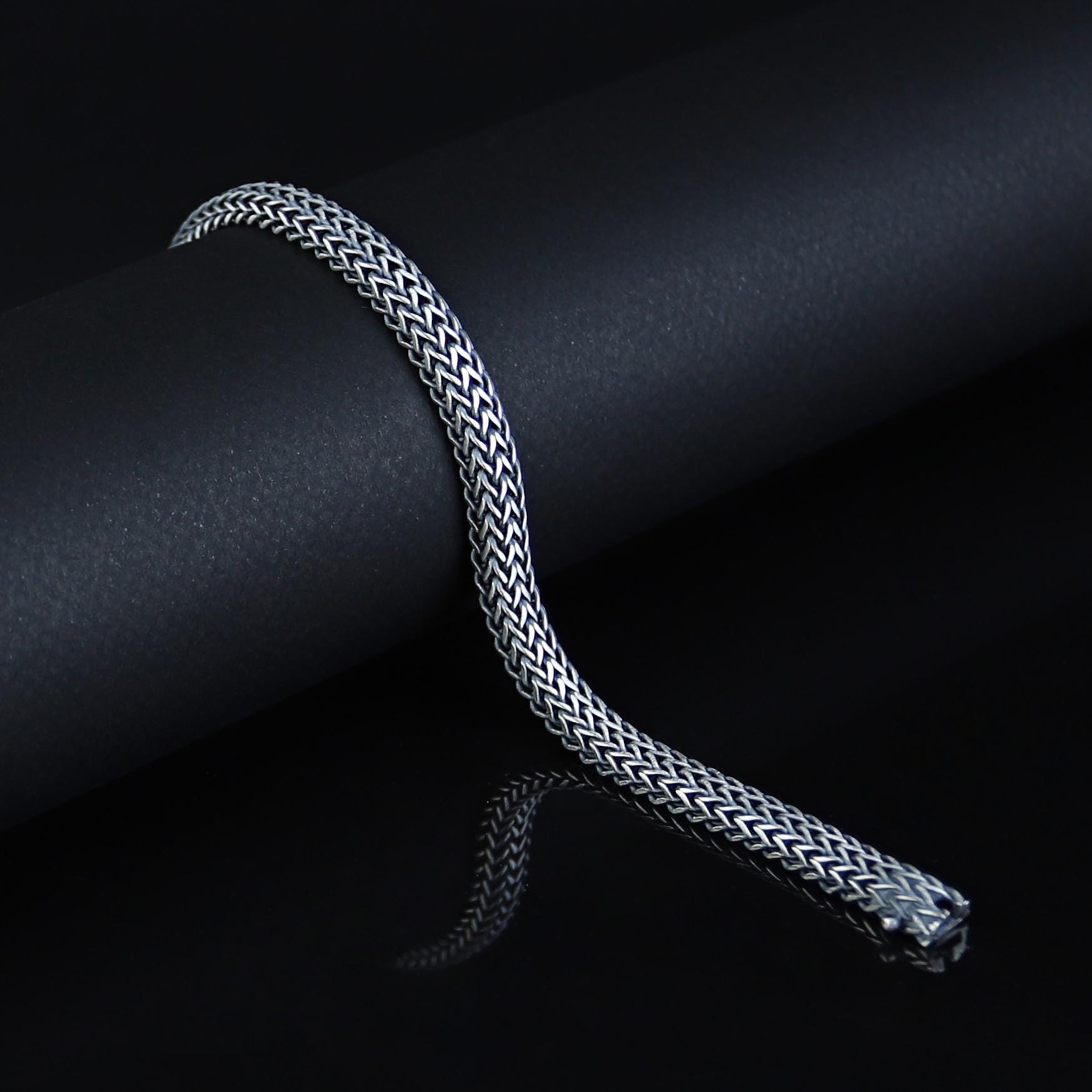 Men Silver Foxtail Bracelet, Braided Men Chain Bracelet, Handmade