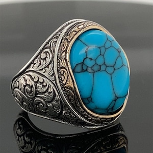 Men Handmade Ring ,  Oval Turquoise Stone , Turquoise  Oval Gemstone Ring , Handcrafted Ottoman Men Ring , Turkish handmade , Gift for Him