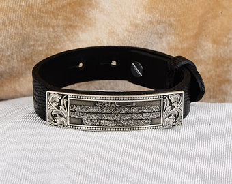 Männer İslamic Armband, Silber Ayat el Kursi Armreif, Männer Arabischer Text Armband, Silber Lederarmband, Koran Vers für Schutz Silber