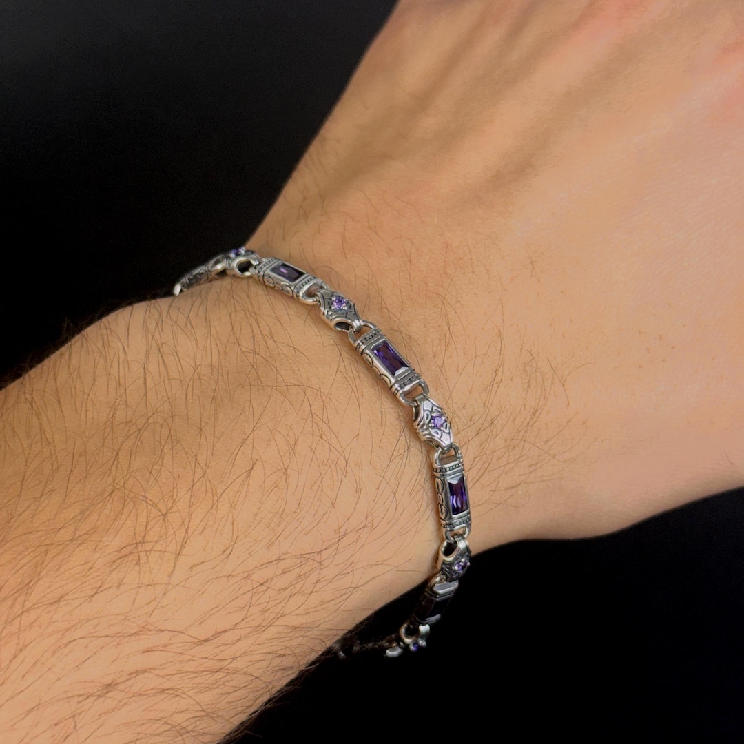 Silver Amethyst Hand-engraved Link Bracelet, Gemstone Byzantine