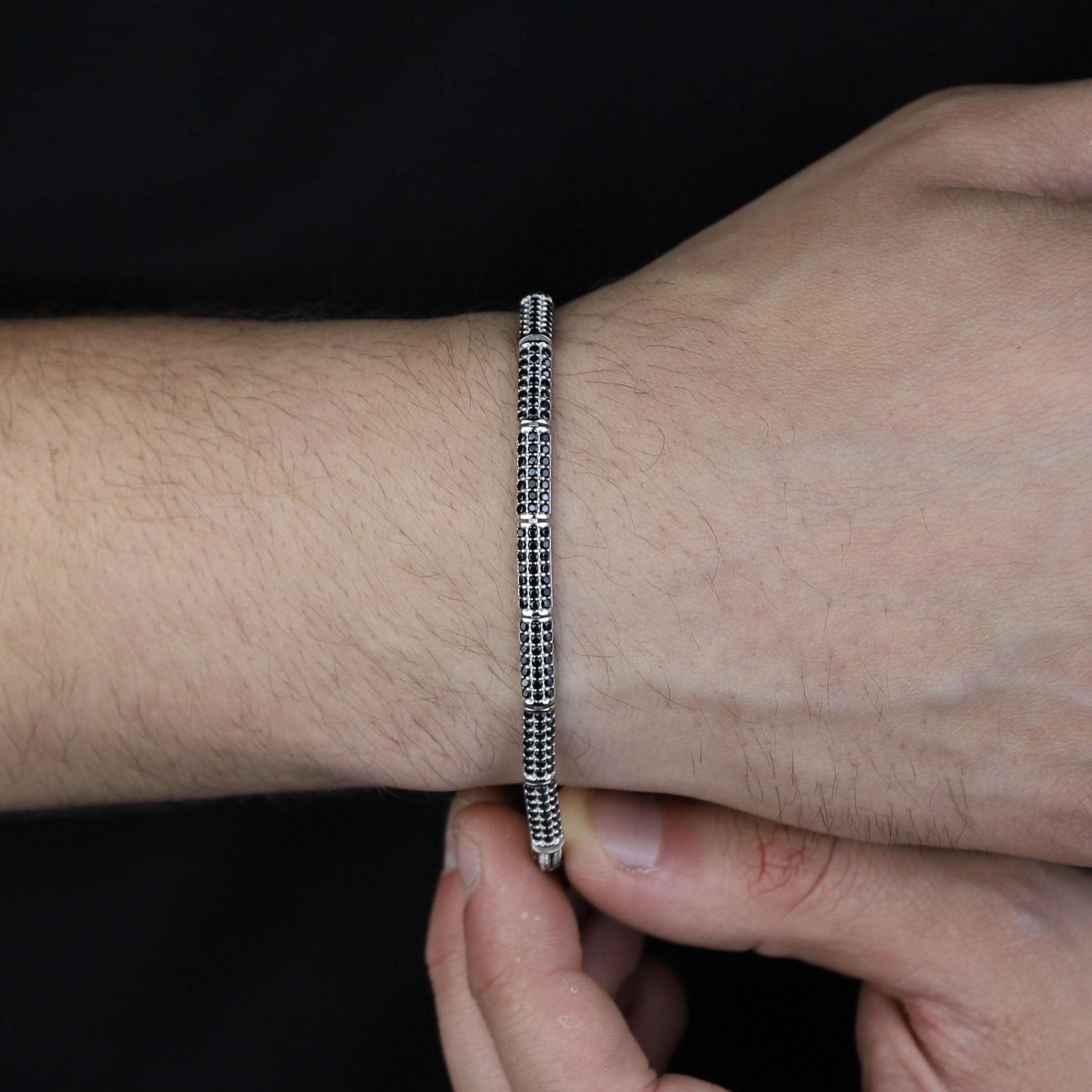 Men Silver Black Diamond Link Bracelet, Elegant Black Diamond