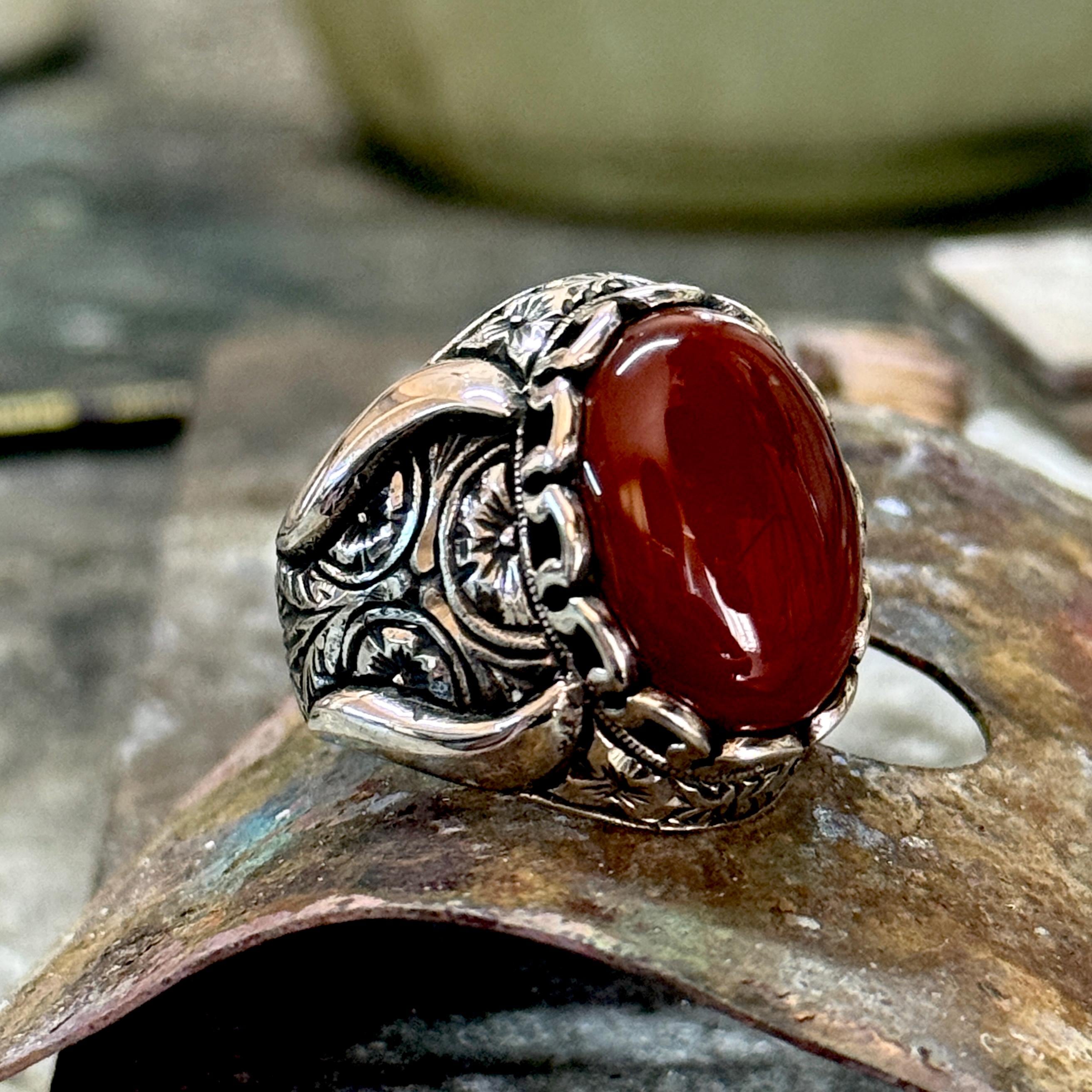Men Red Agate Ring, Oval Aqeeq Gemstone Engraved Ring, Father Day
