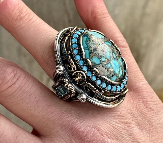 Heavy Mens Turquoise Rings Men Silver Turquoise Ring Leon Sword