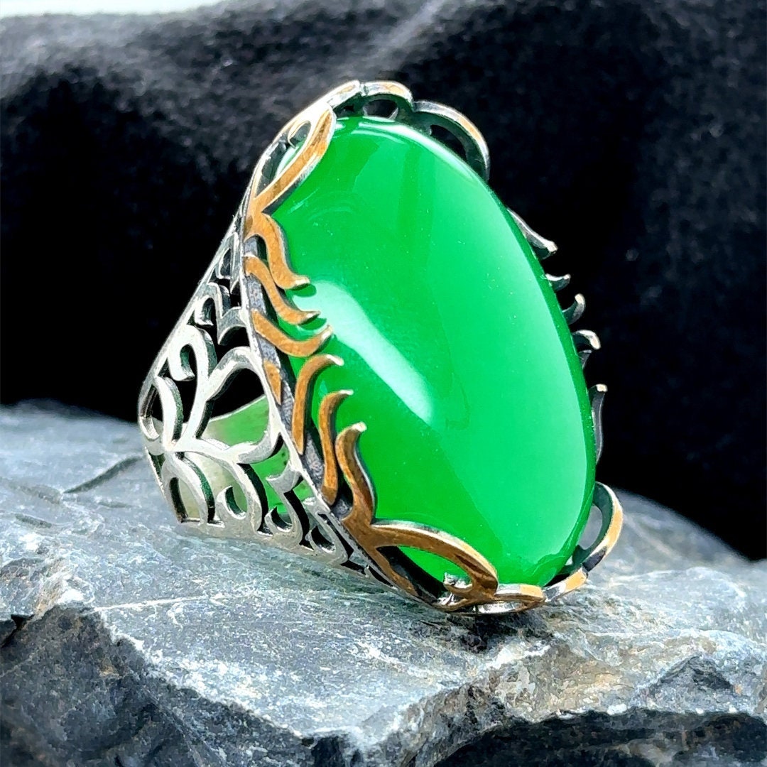 Man Green Jade Stone Ring , Silver Large Stone Ring , Ottoman