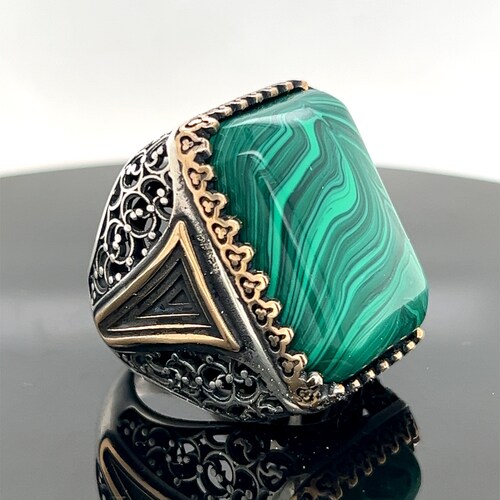 Silver Large Ring , Malachite Gemstone Ring , Turkish Handmade Ring , Embroidered Ring , Ottoman Jewelry , 925k Sterling shops Silver Ring