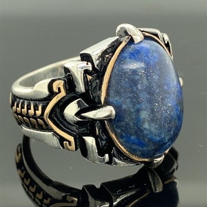 Lapis Lazuli Ring, Turkısh Handmade Lapis Ring , Blue Lapis Lazuli Signet Men&#39;s Ring, Ottoman Style Ring , 925k Sterling Silver Ring ,
