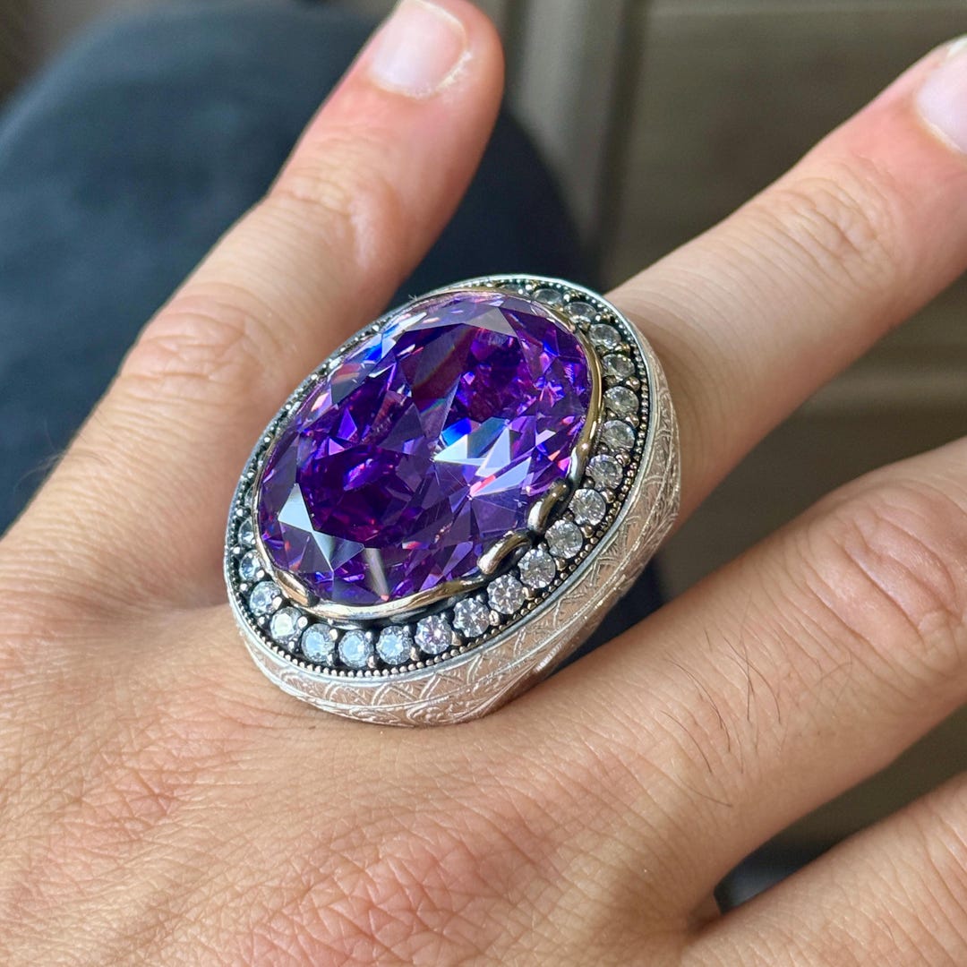 925 Silver Large Amethyst Ring, Handmade Moissanite and Amethyst ...