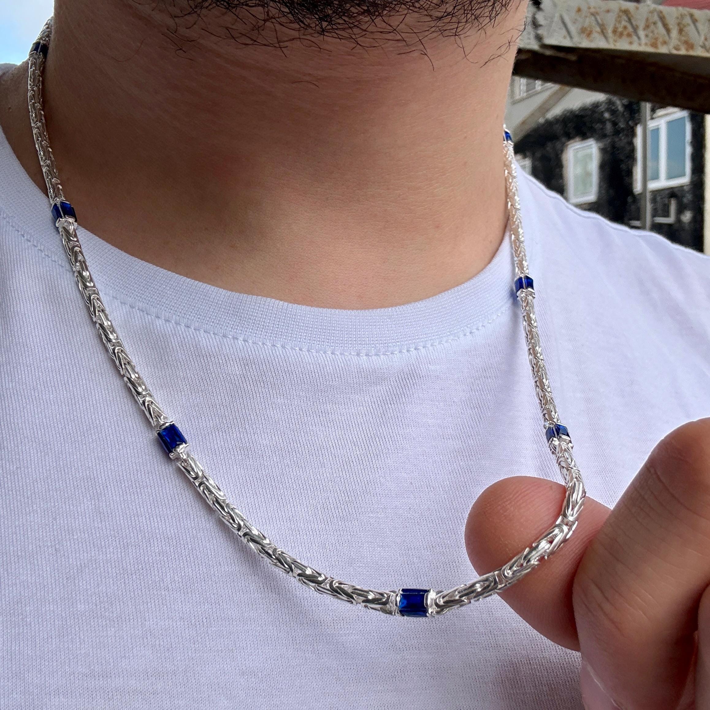 Sterling Silver Sapphire Byzantine Chain, 5MM Round King Chain