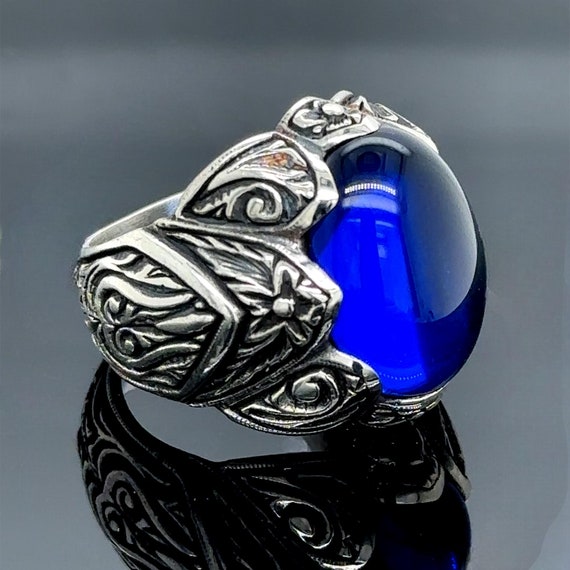 Natural Blue Sapphire Ring Men Sterling Silver, Single Sapphire Ring